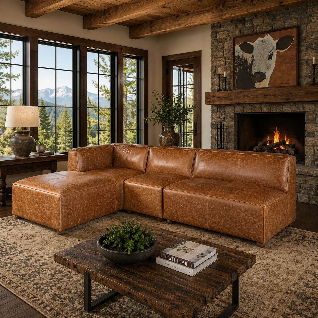 Rubicon distressed leather sectional with canvas calf art