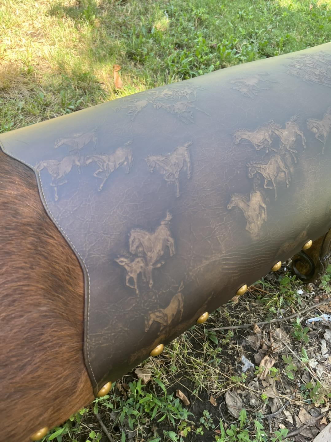 Custom made brindle cowhide and running horses leather bench with carved frame - Your Western Decor