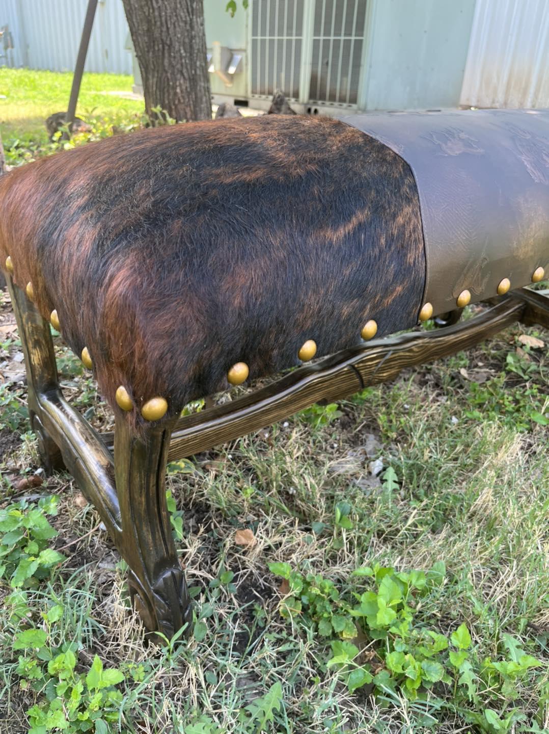 Custom made brindle cowhide and running horses leather bench with carved frame - Your Western Decor