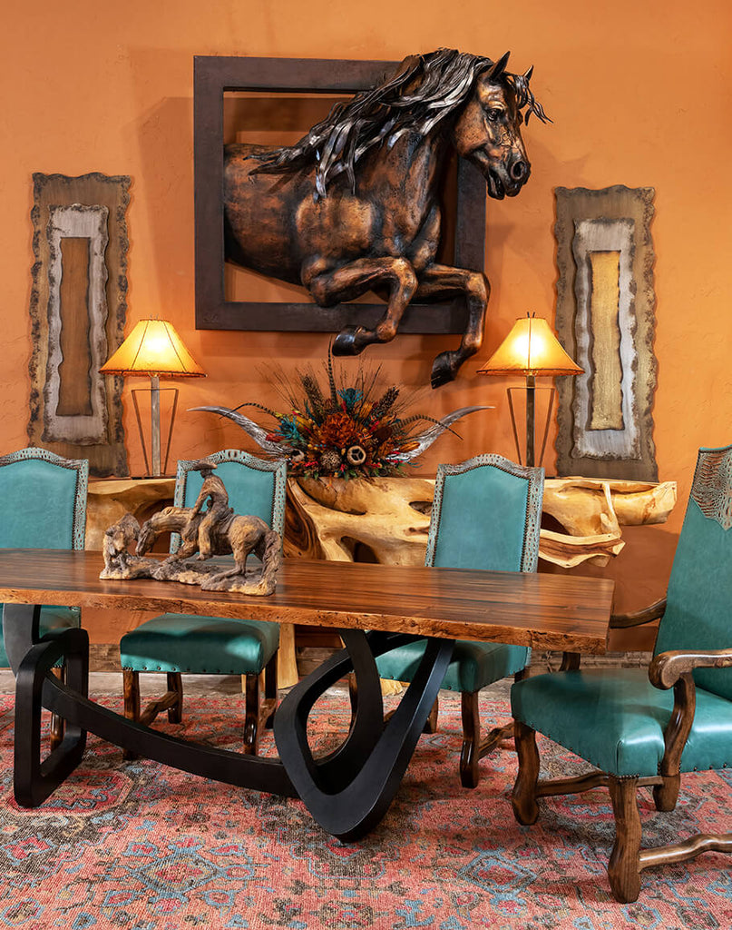 Aqua marine leather dining chairs with rust and aqua area rug - Your Western Decor