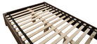Wooden bed frame with wood slats on a white background