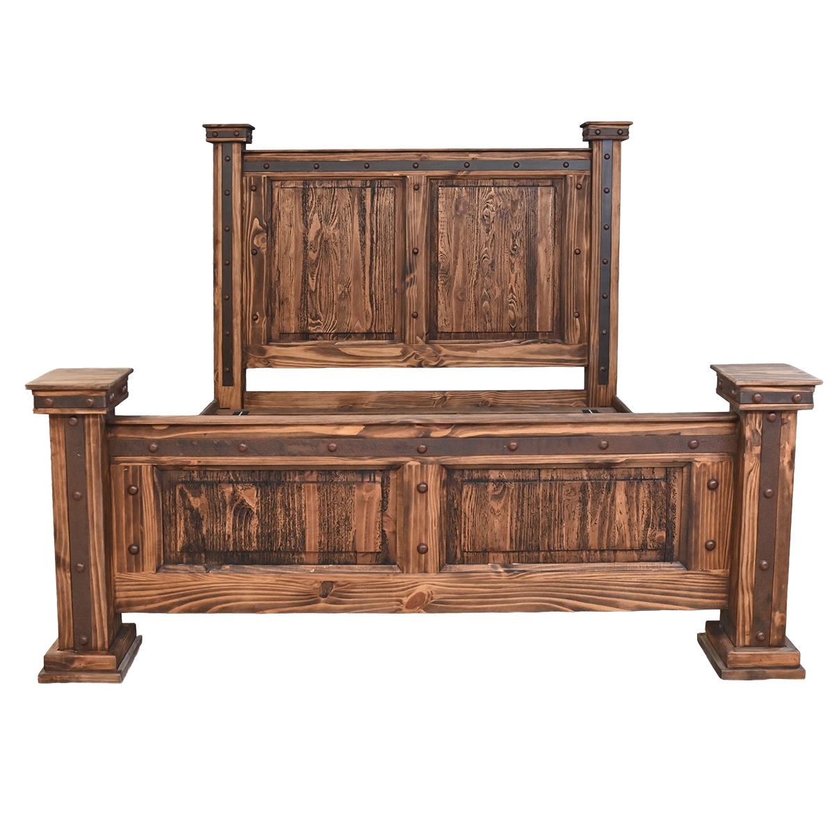 A rustic dark brown wooden bed frame with a matching headboard, featuring distressed wood grain, metal corner brackets, and round metal knobs, shown against a plain white background.