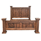 A rustic dark brown wooden bed frame with a matching headboard, featuring distressed wood grain, metal corner brackets, and round metal knobs, shown against a plain white background.