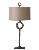 Hammered Rustic Cast Iron Table Lamp with linen drum shade in rust beige - Your Western Decor