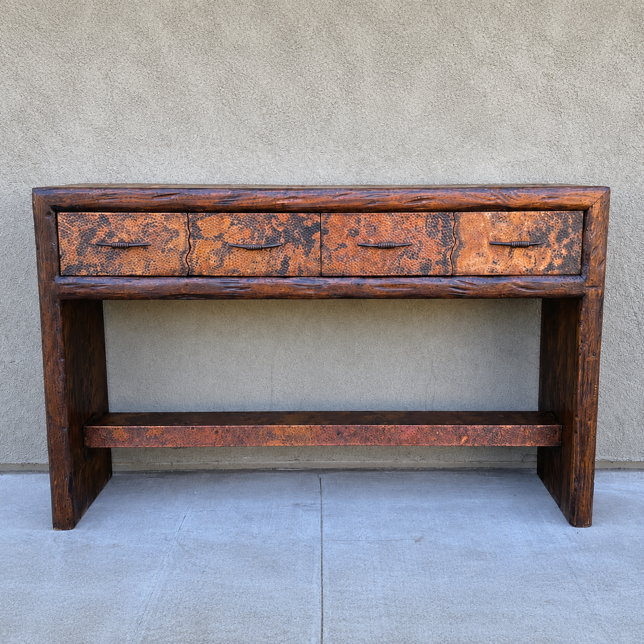 rustic recycled copper console table in reclaimed wood 