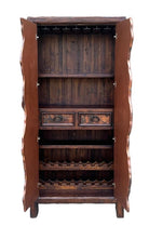Rustic reclaimed copper and wood wine cabinet with doors open showing wine rack, shelves, and drawers 
