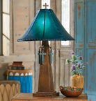 Rustic western table lamp with hanging turquoise crossed and turquoise rawhide lamp shade - Your Western Decor