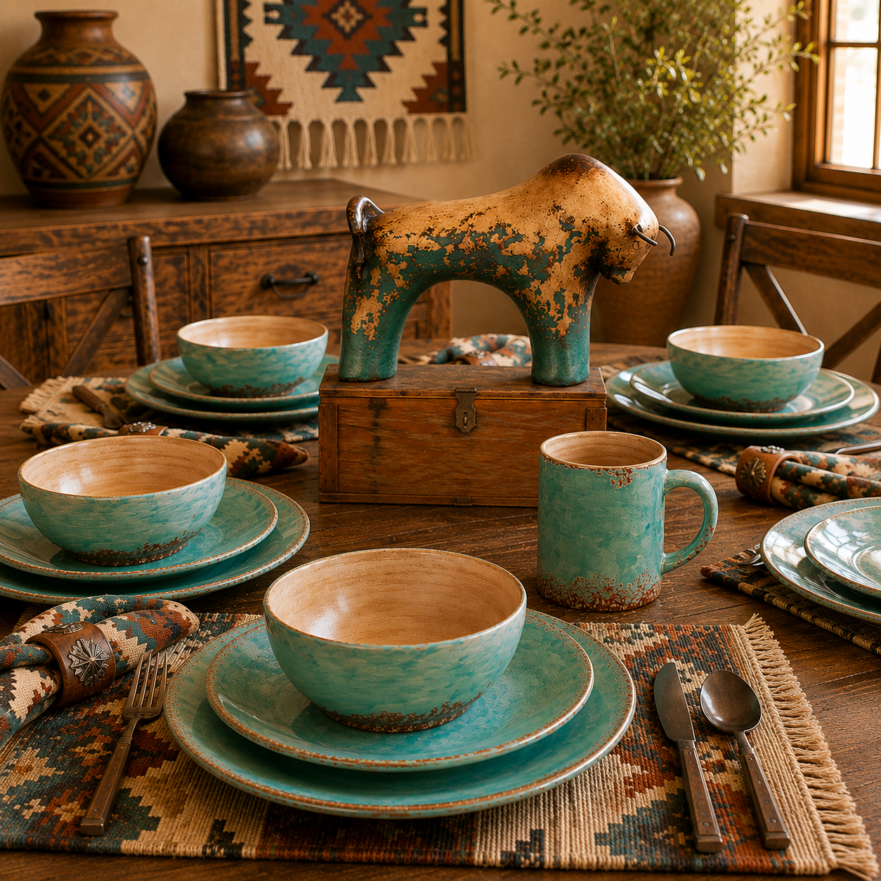 Artisan turquoise ceramic dinnerware with rustic patina finish in rustic southwest table setting 