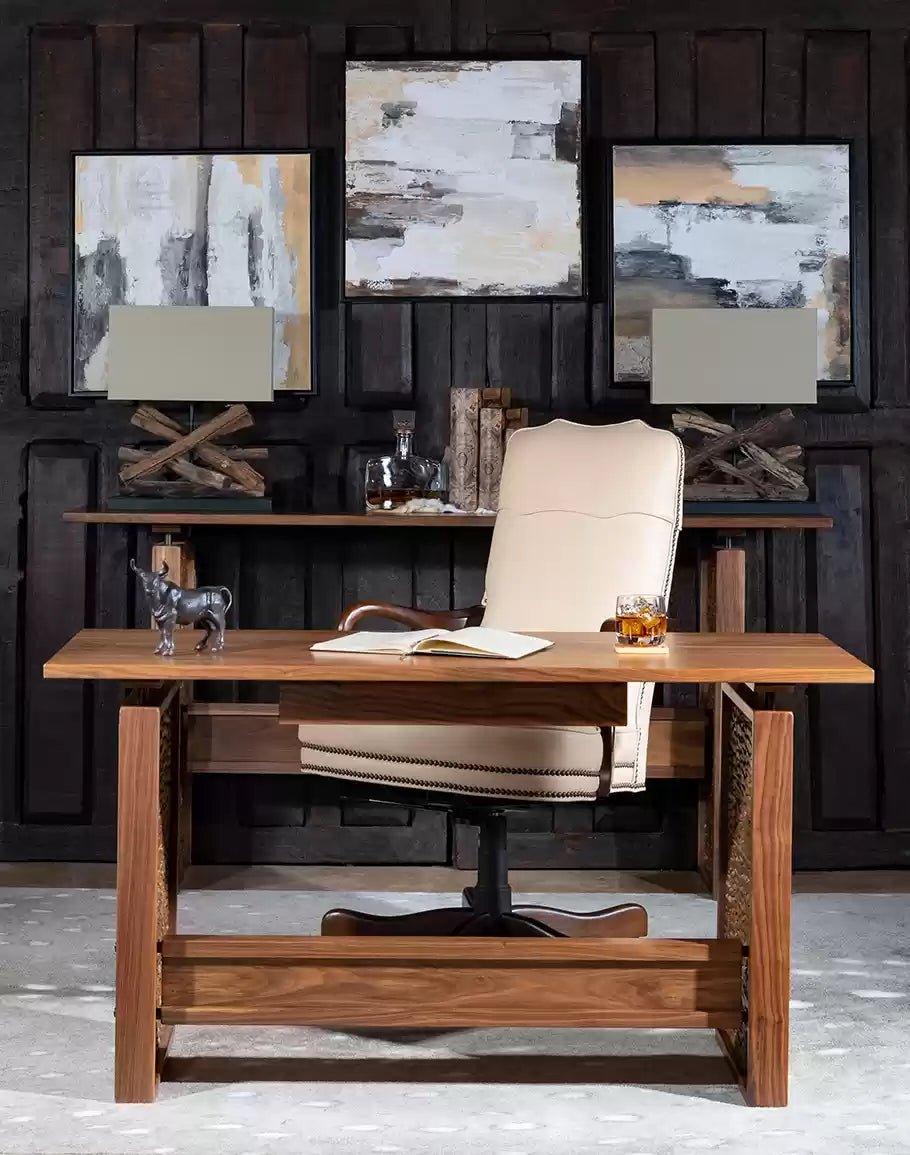 Rustic elegant office setting with desk, chair, art and lighting - Your Western Decor