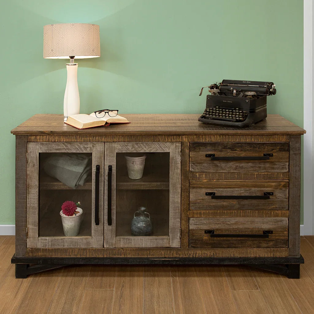 Western farmhouse buffet cabinet styled in rustic dining room with wood floors