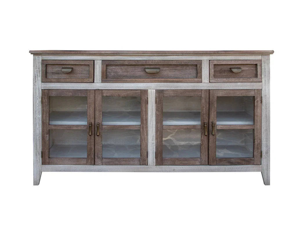 Rustic mango wood farmhouse buffet with glass cabinet doors and 3 drawers