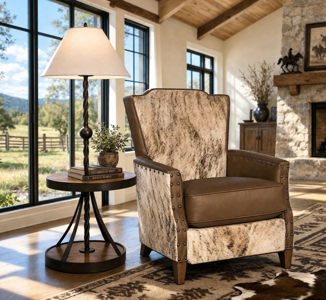 Rustic Floor Lamp with Table Beside Cowhide Accent Chair in Western Ranch Living Room