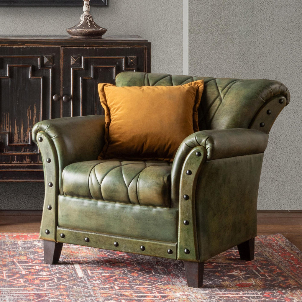 Rustic green leather arm chair - Your Western Decor