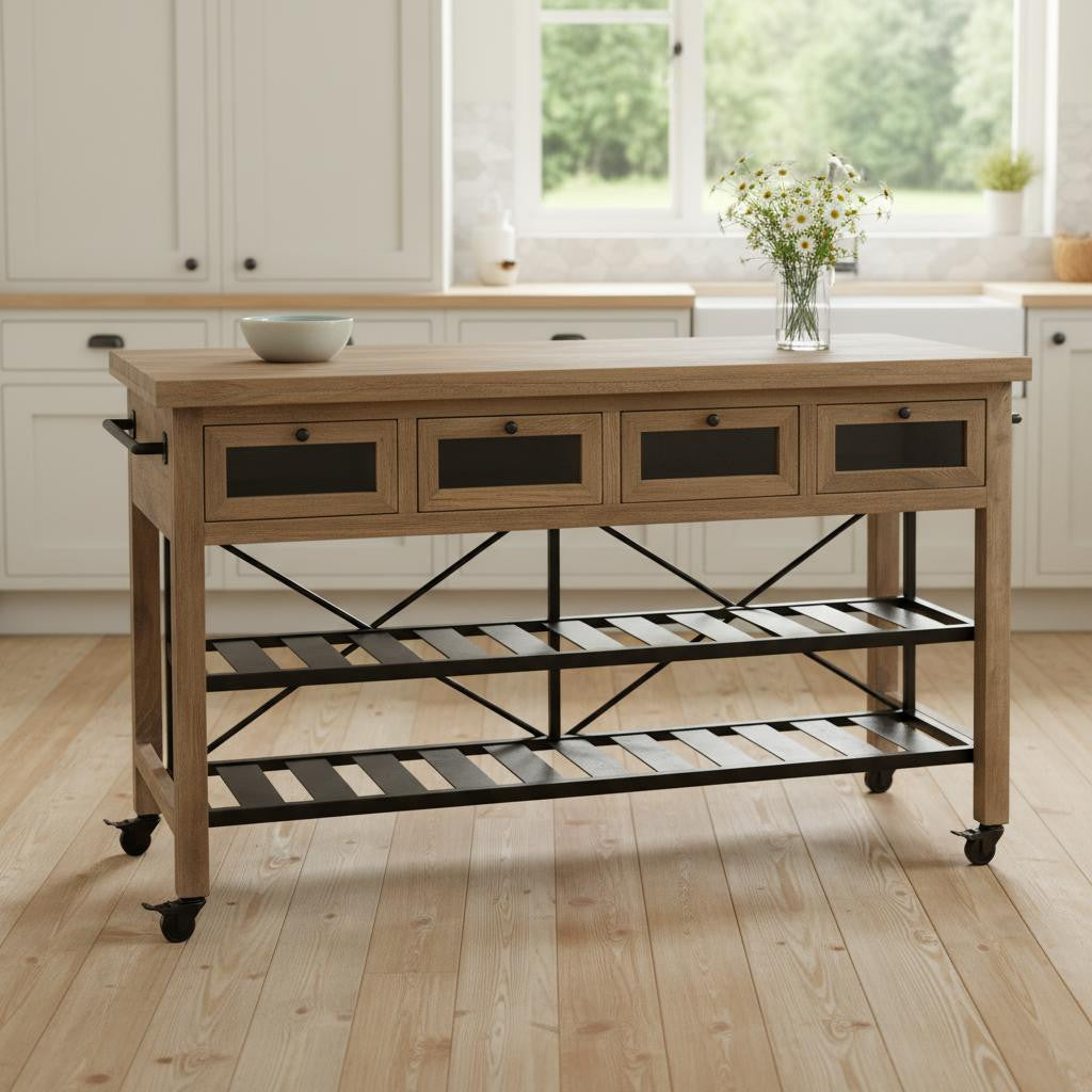 Wooden kitchen island with metal legs in a bright kitchen setting