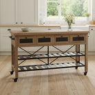 Wooden kitchen island with metal legs in a bright kitchen setting