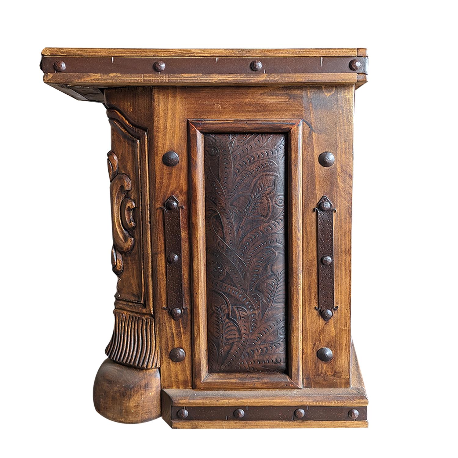 Western desk with wood carvings, tooled leather panels, marble top, and iron with clavos accents - Your Western Decor