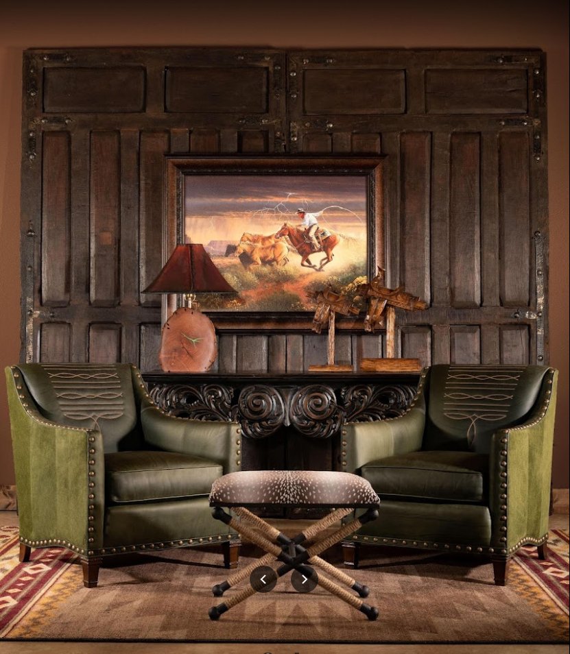 Rustic western living room setting with green leather chairs - Your Western Decor