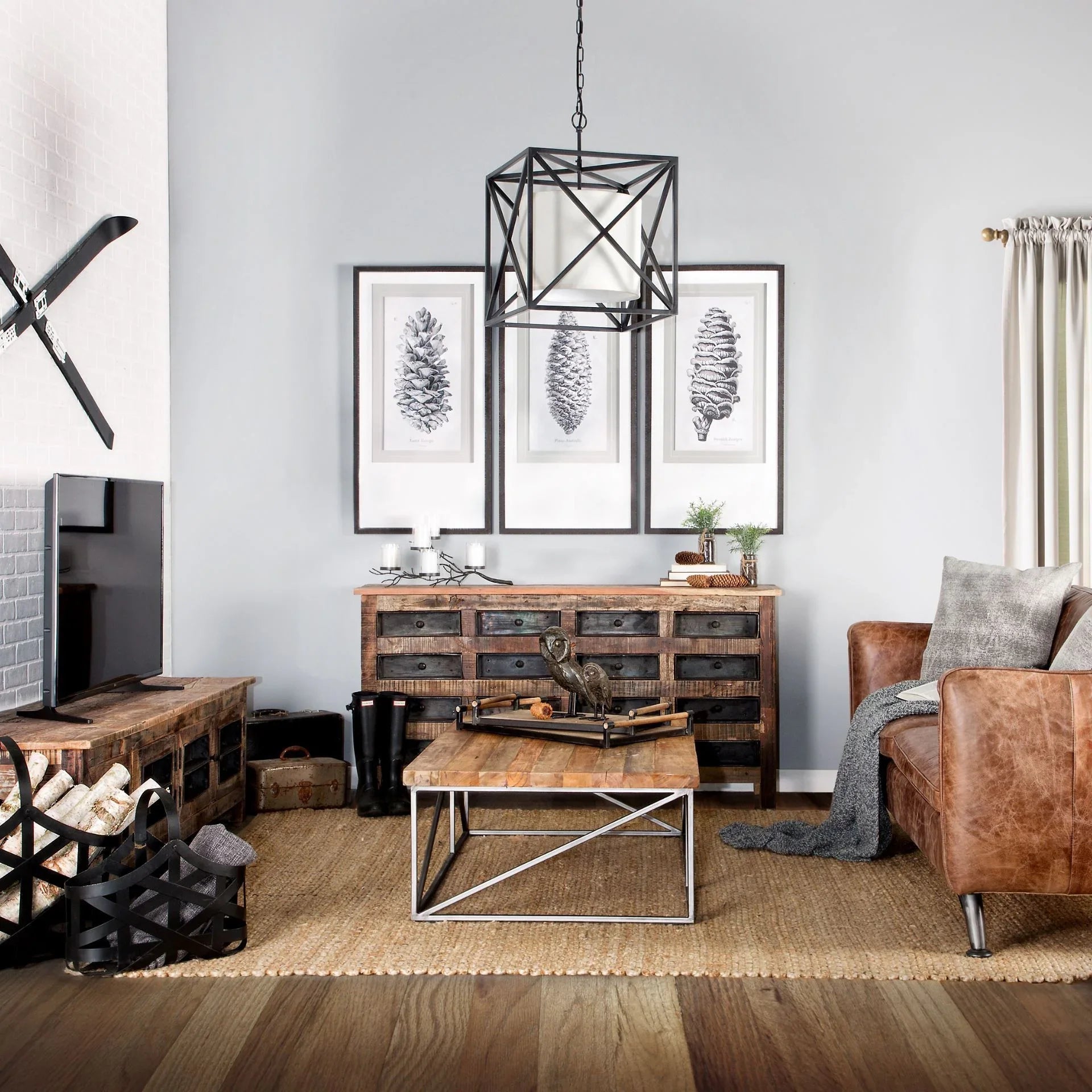 Living room with wooden furniture, a brown leather sofa, and decorative elements 