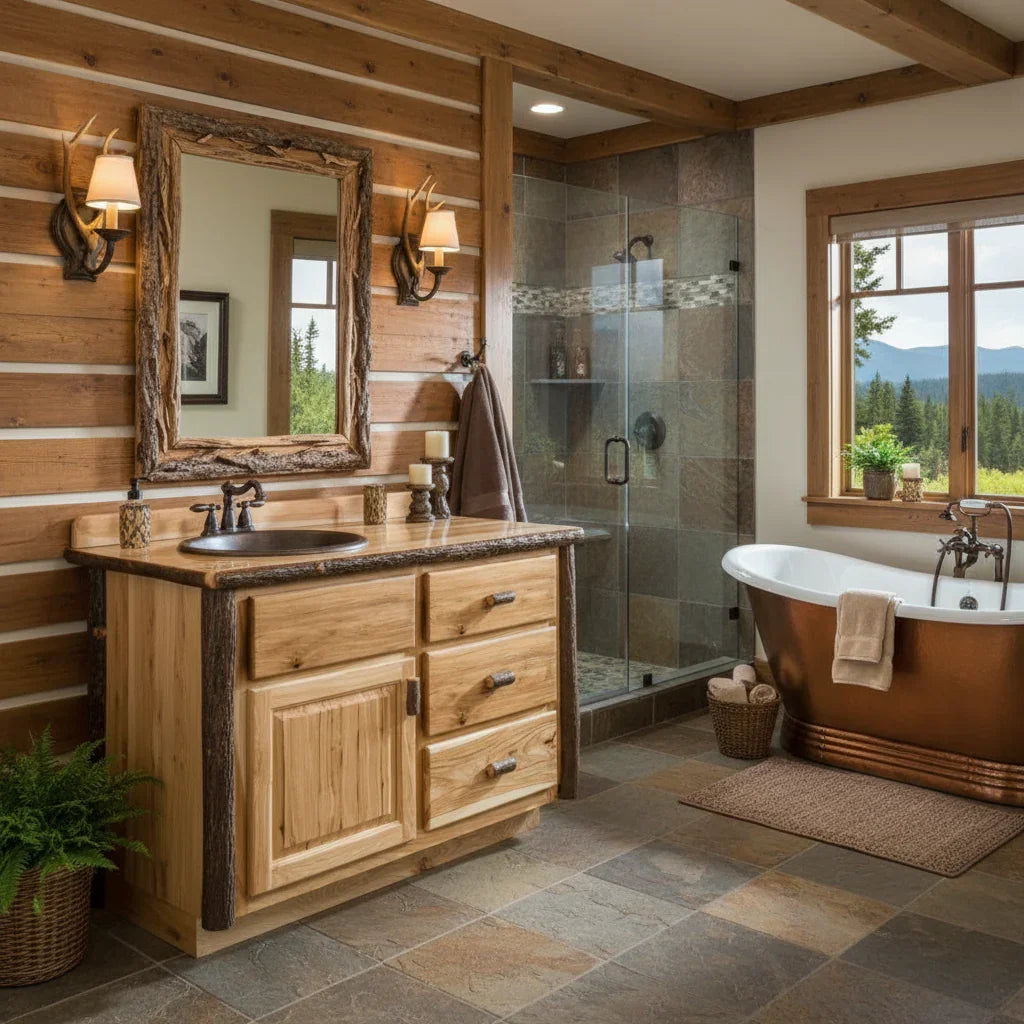Rustic luxury lodge bathroom with custom Hickory wood vanity - Your Western Decor
