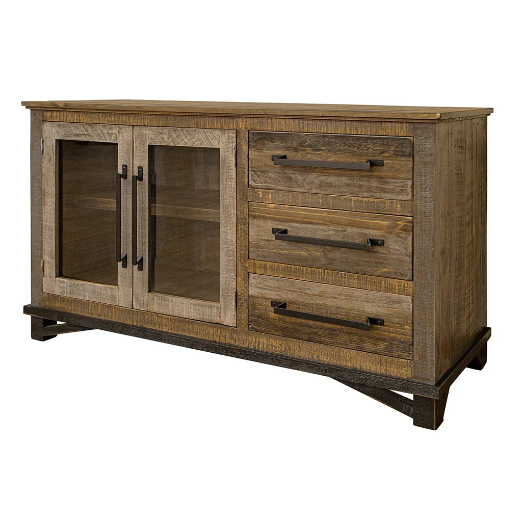 Wooden sideboard with glass doors and drawers on a white background