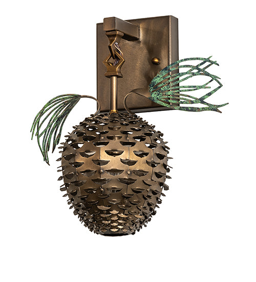 lodge style pinecone wall sconce with antique copper finish and green needle accents
