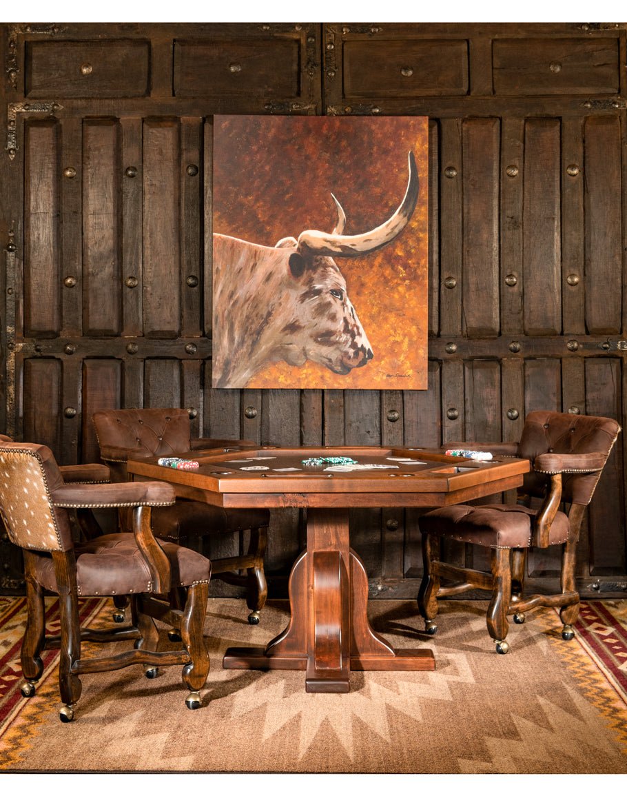 Rustic game table and leather with axis hide chairs on castors - Your Western Decor