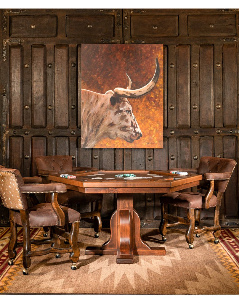 Rustic game table and leather with axis hide chairs on castors - Your Western Decor