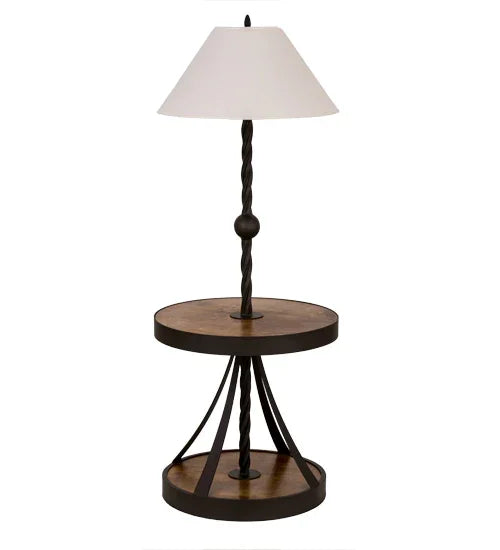 floor lamp end table combo with wood platforms and bronze base