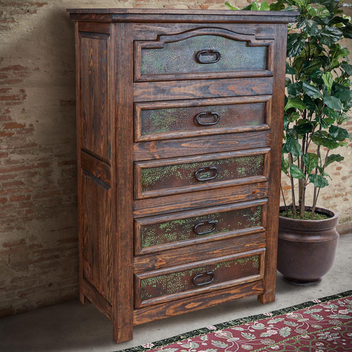 Rustic temple chest of drawers with copper inset panels - Your Western Decor