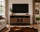 rustic wood and iron tv console in rustic sitting room 