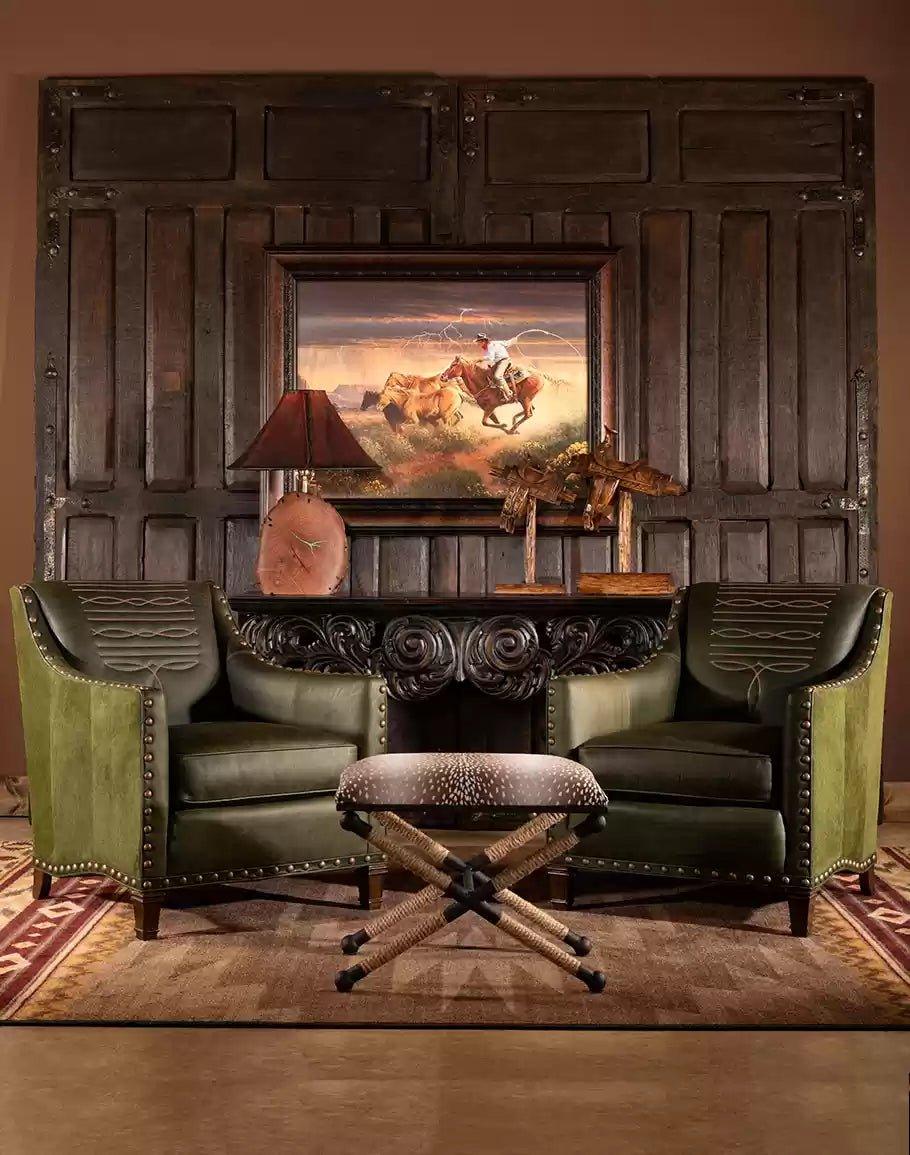 Olive Boot Stitch Western Chairs in Rustic Western Setting - Your Western Decor