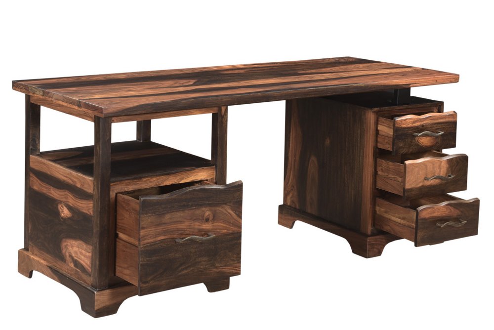 Desk showing wood grain detail and open drawers