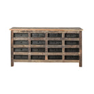 Rustic farmhouse storage cabinet with sixteen drawers and reclaimed wood look