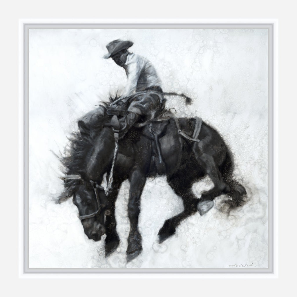 Saddle Bronc White Framed Canvas Art - David Frederick Art - Your Western Decor