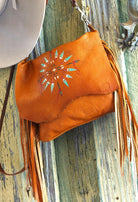 Saddle Arapaho Painted Horizon deerskin leather handbag with hand-painted motif, long fringe and crossbody strap