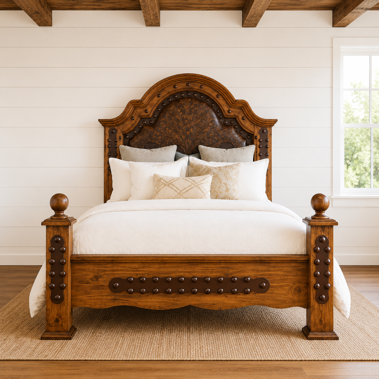 Saddle Ridge Tooled Leather Bed with artisan tooled leather headboard and hand-forged iron accents