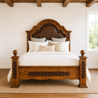 Saddle Ridge Tooled Leather Bed with artisan tooled leather headboard and hand-forged iron accents