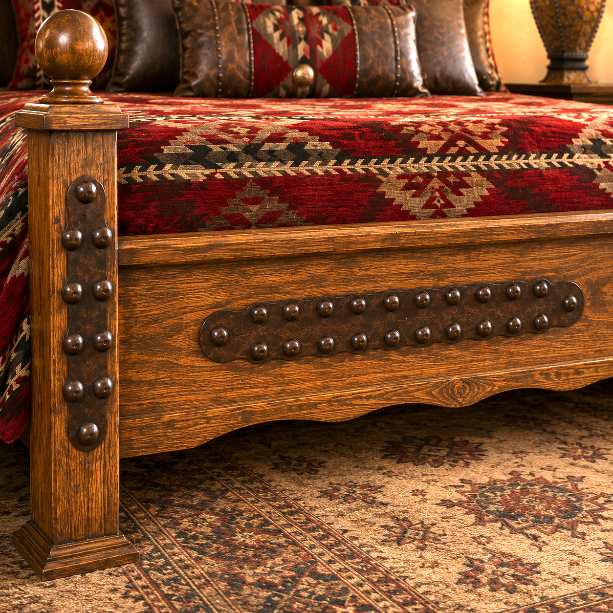 Handcrafted wood footboard with hand-forged blacksmith trim on Saddle Ridge Tooled Leather Bed