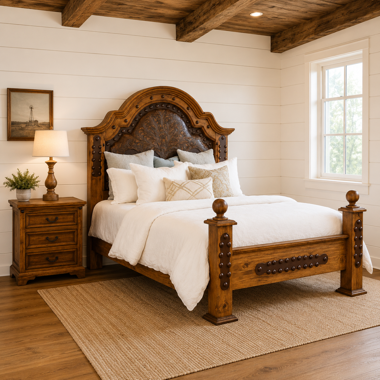 Solid Chilean pine Saddle Ridge western bed handcrafted with tooled leather details
