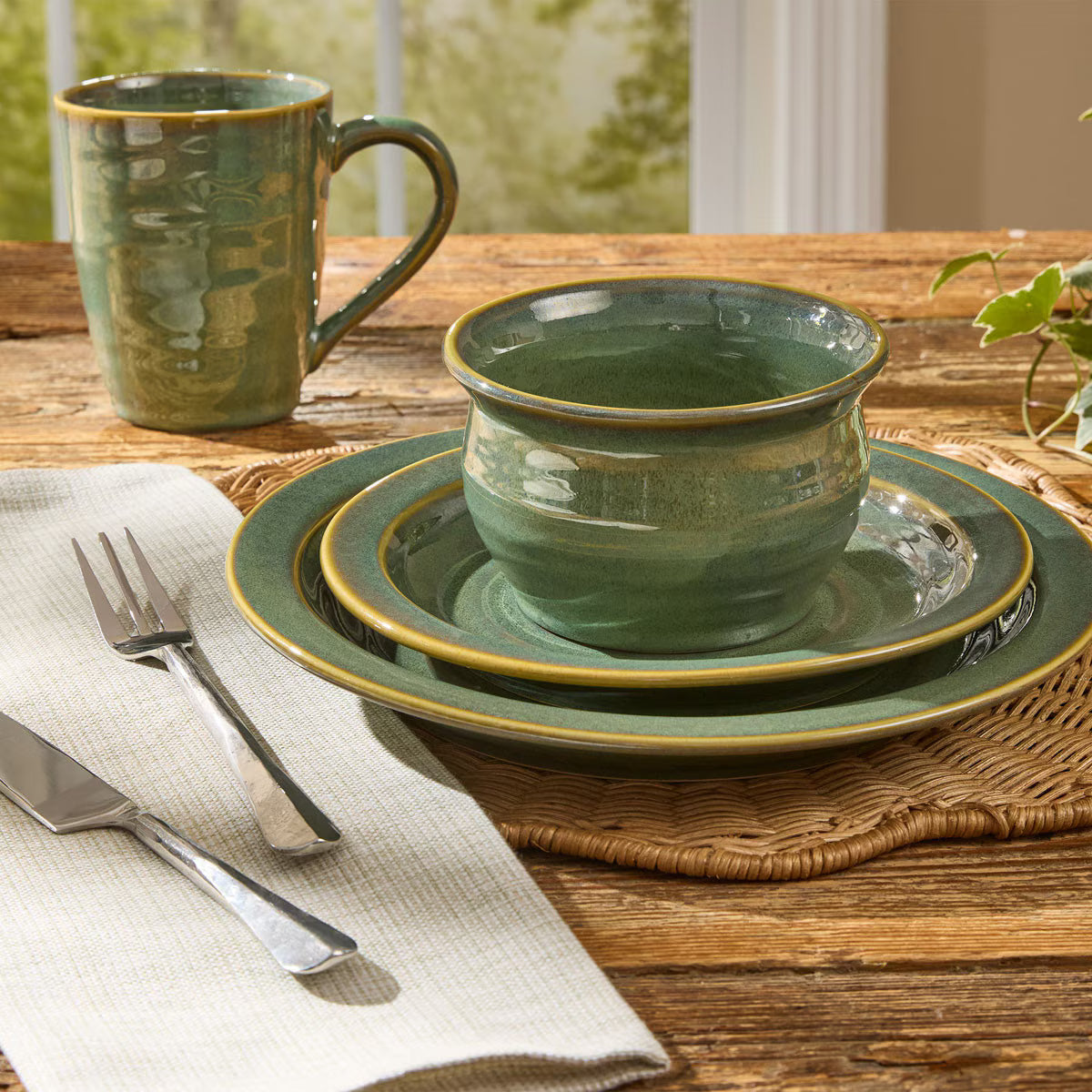 green stoneware dinnerware set southwestern table setting rustic dining