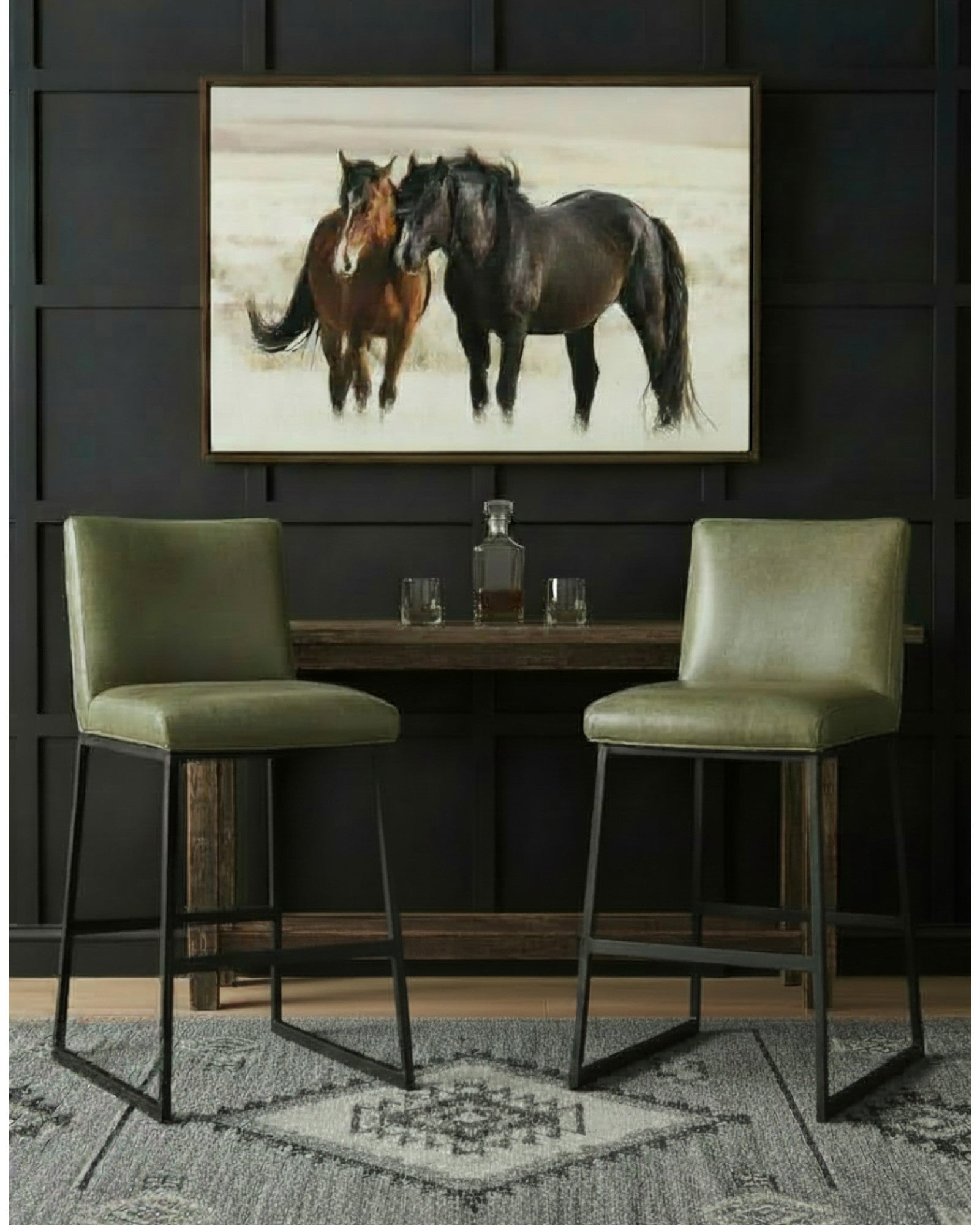 Sage leather bar chairs with iron frame and horse art on textured wall - Your Western Decor