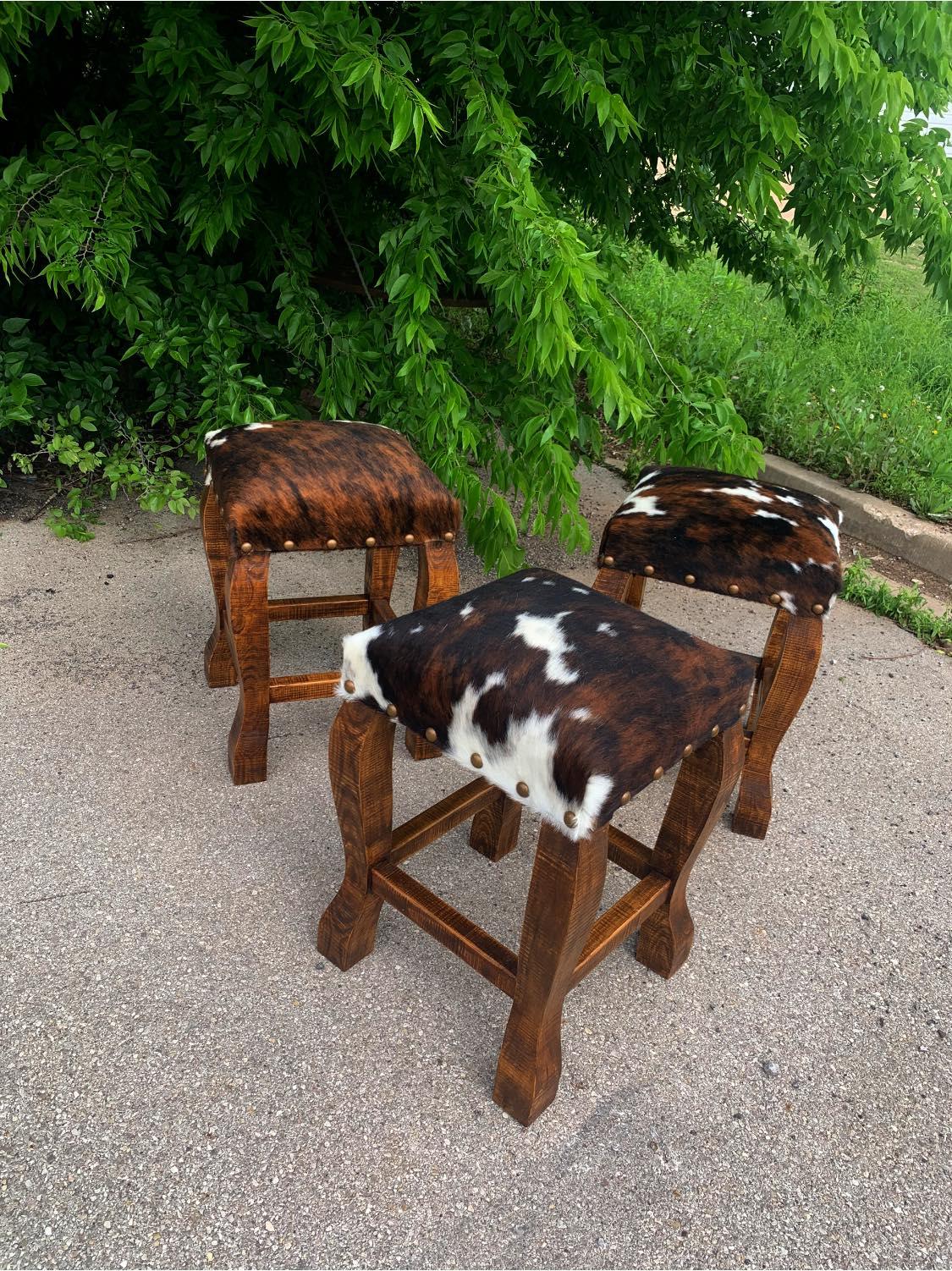 Custom upholstered cowhide counter and bar stools made in the USA - Your Western Decor