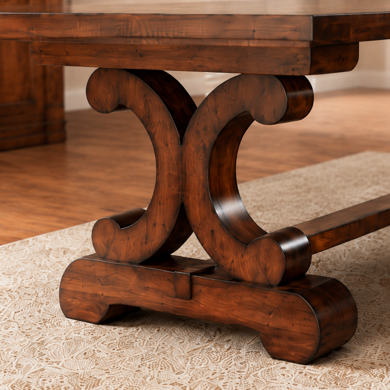 Close-up of a dark brown wooden dining table base with ornate curved legs and a stretcher bar, shown on a patterned beige rug in a warm indoor setting.