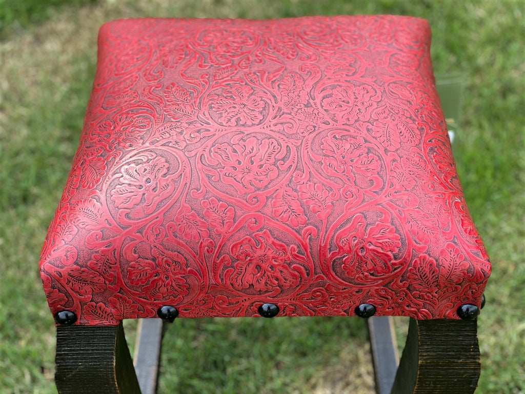 Red embossed leather seat on American made counter and bar stools - Your Western Decor
