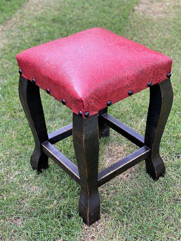 Red embossed leather counter stool - made in the USA - Your Western Decor