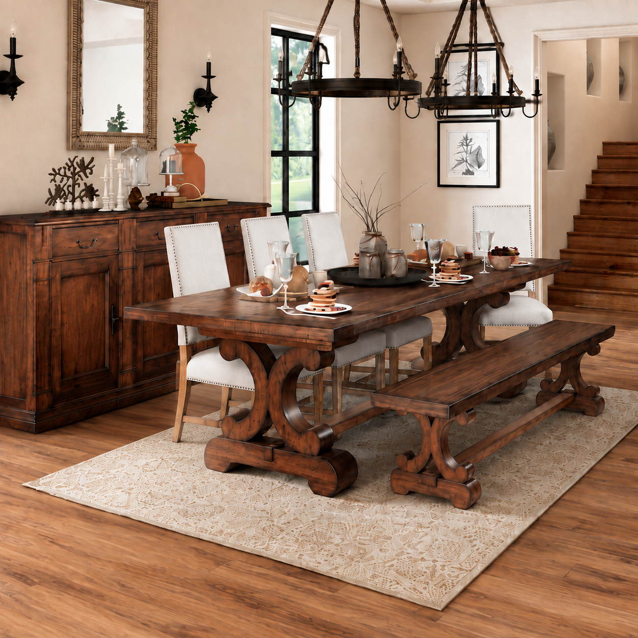 A rustic dark wood dining table with matching bench and upholstered chairs, set in a staged dining room with wood floors, a sideboard, and a chandelier.