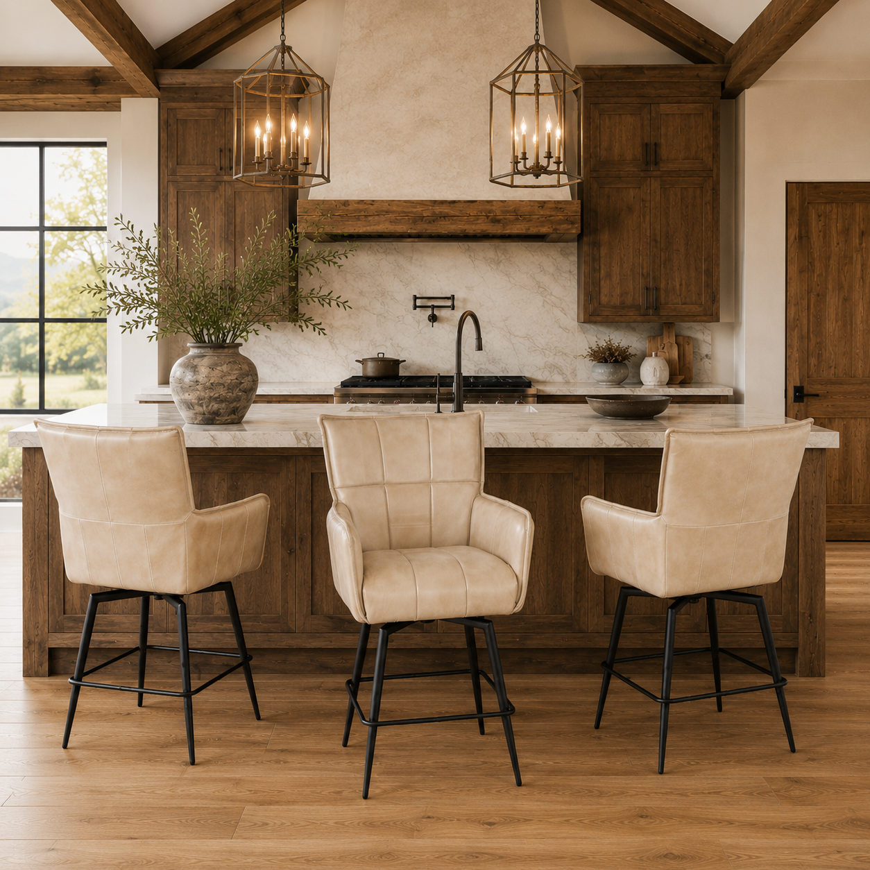 3 Sandstone Ivory Leather and Iron Swivel counter stools in modern rustic kitchen 