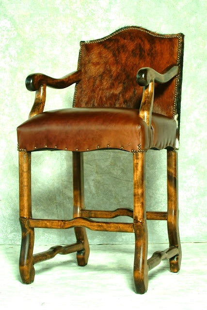 Santa Ana Bar Chair with arms and brindle cowhide back, custom made in the USA  Your Western Decor