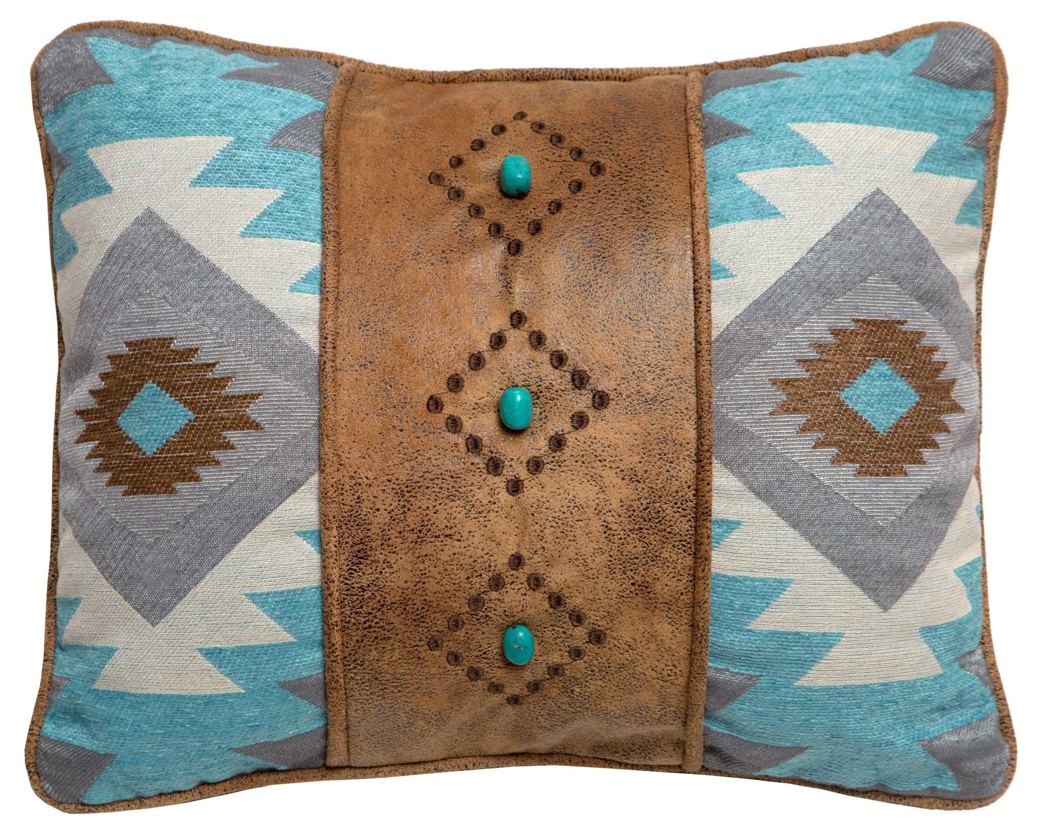 Santa fe sky southwest throw pillow - Blue, white, grey, faux leather, conchos - Your Western Decor