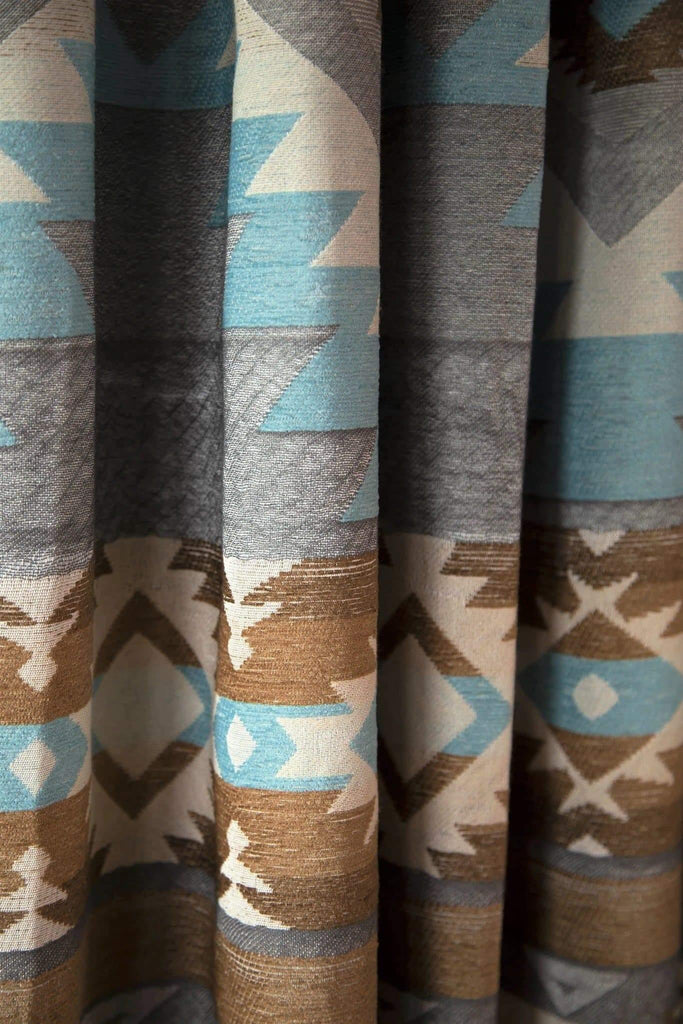 blue, tan, cream aztec design shower curtain print. Santa Fe Sky Collection. Your Western Decor